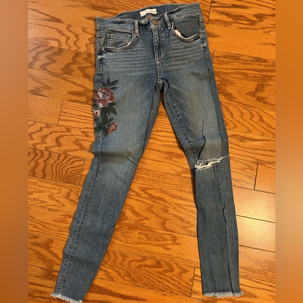 LOFT skinny flower painted jeans